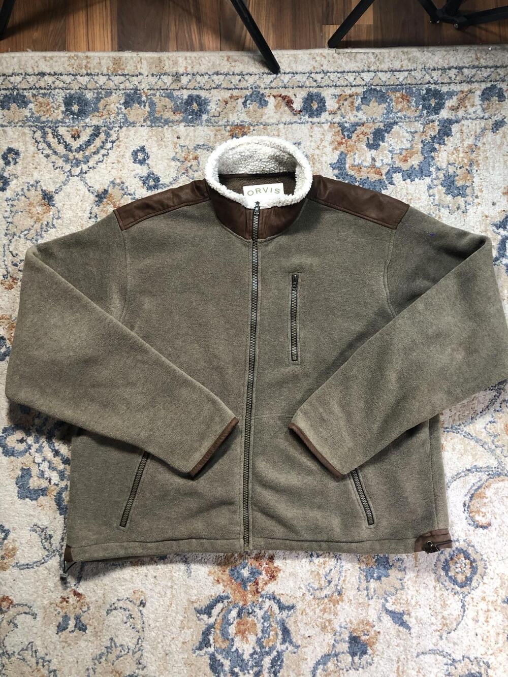 Orvis Jacket Mens 2XL Green Fleece Full Zip Sherpa Collar Leather Trim Outdoor
